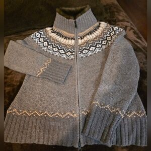 Eddie Bauer Brown and Cream Fair Isle Knit Zip Cardigan